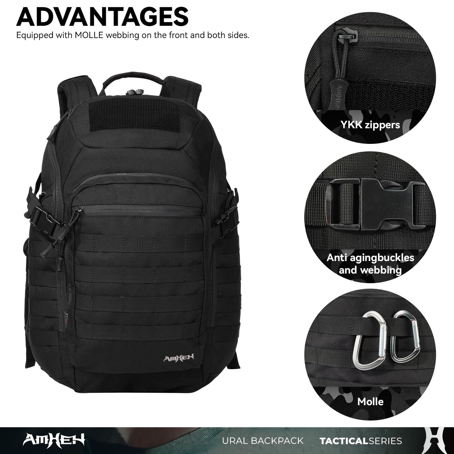AMHEH 32L Military Tactical Backpack | Fit 17 Inch Laptop, Molle, EDC, Work, Hiking, Survival, Travel, Fit Most Men's Body (Black)