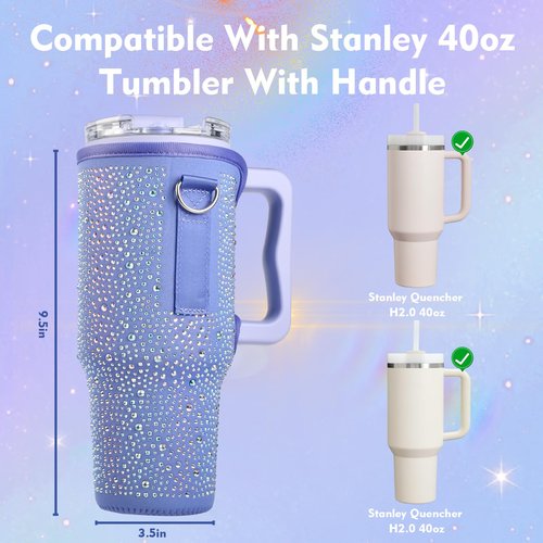 Bling Water Bottle Carrier Bag for Stanley Cup 40oz, Sparkling Diamond Water Bottle Holder with Adjustable Strap, Neoprene Water Bottle Bag Stanley Cup Accessories (Purple)