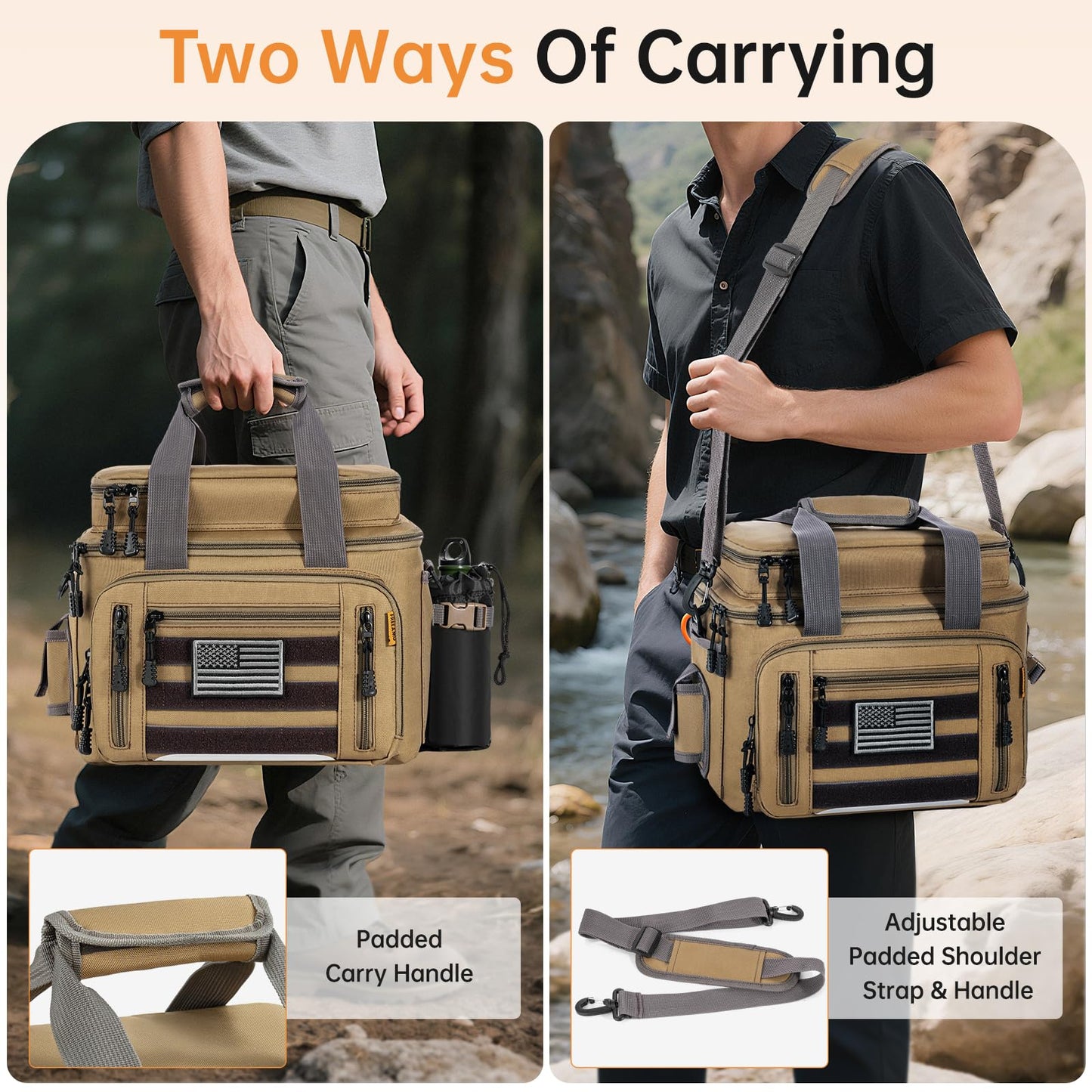 FREEAMG Fishing Tackle Bags - Padded Shoulder Strap Fishing Bags -Saltwater & Freshwater Fishing Bag - Gear Storage for Tackle Box (Kahki) (Does not come with box)