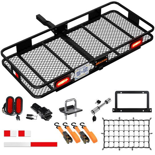 Mockins 60"x20"x6" Folding Trailer Hitch Cargo Carrier w/License Plate Holder, Rear Lights & More | 500Lbs. Cap Cargo Carrier Hitch Mount Basket | Weatherproof Luggage Rack for SUV, Car, Truck & RV
