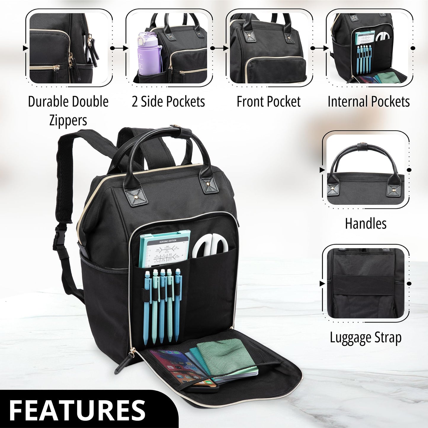 First Lifesaver Backpack Cooler, Lunch Bag with Insulated Leak-Proof Thermal for Women, Nurses, Nursing Students (Black Gold)