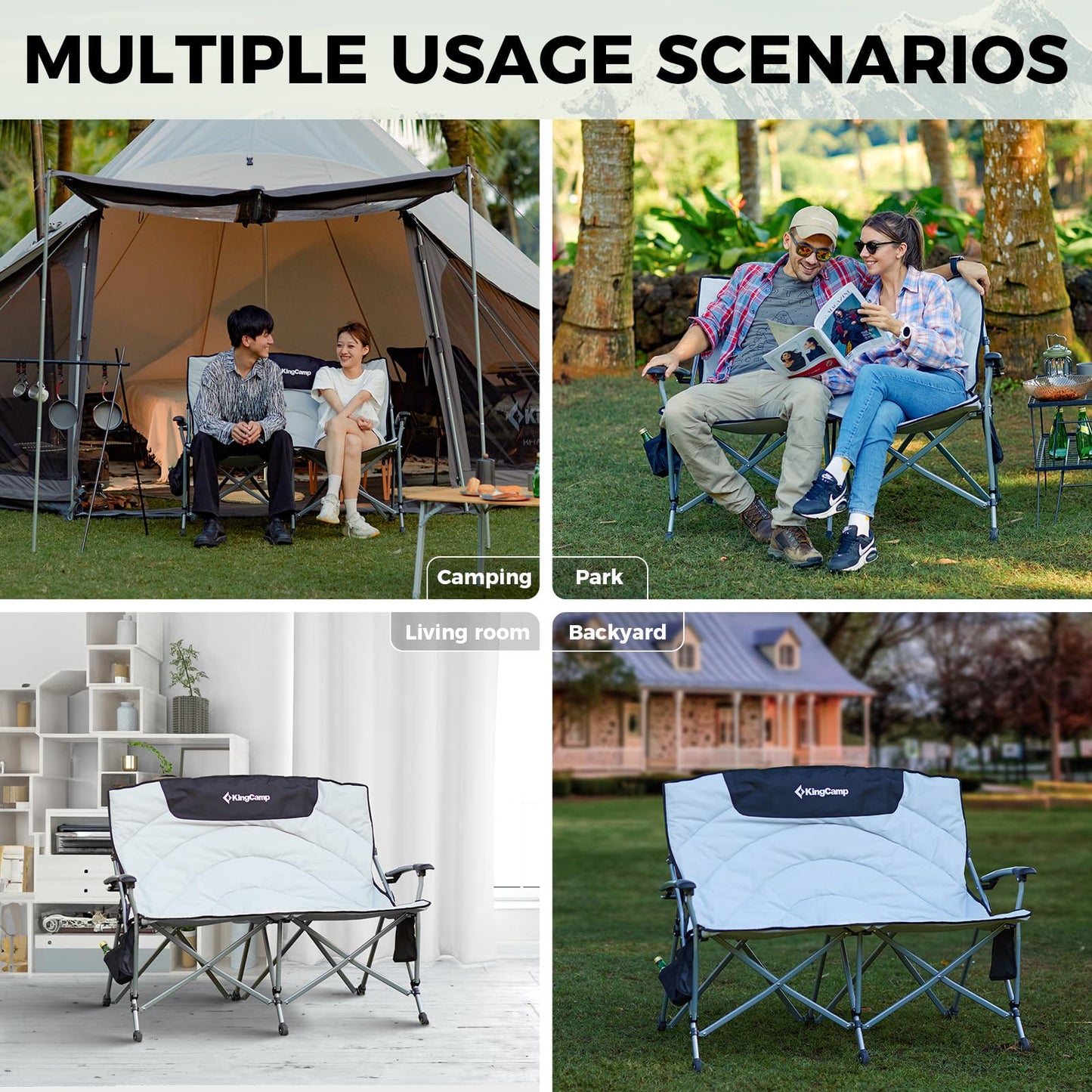 KingCamp Double Camping Chair for Adults, Oversized 2-Person Portable Folding Chair 600 lbs Heavy Duty Outdoor Loveseat with Armrest Cup Holders, Padded Seat and Back for Camping Picnic Patio