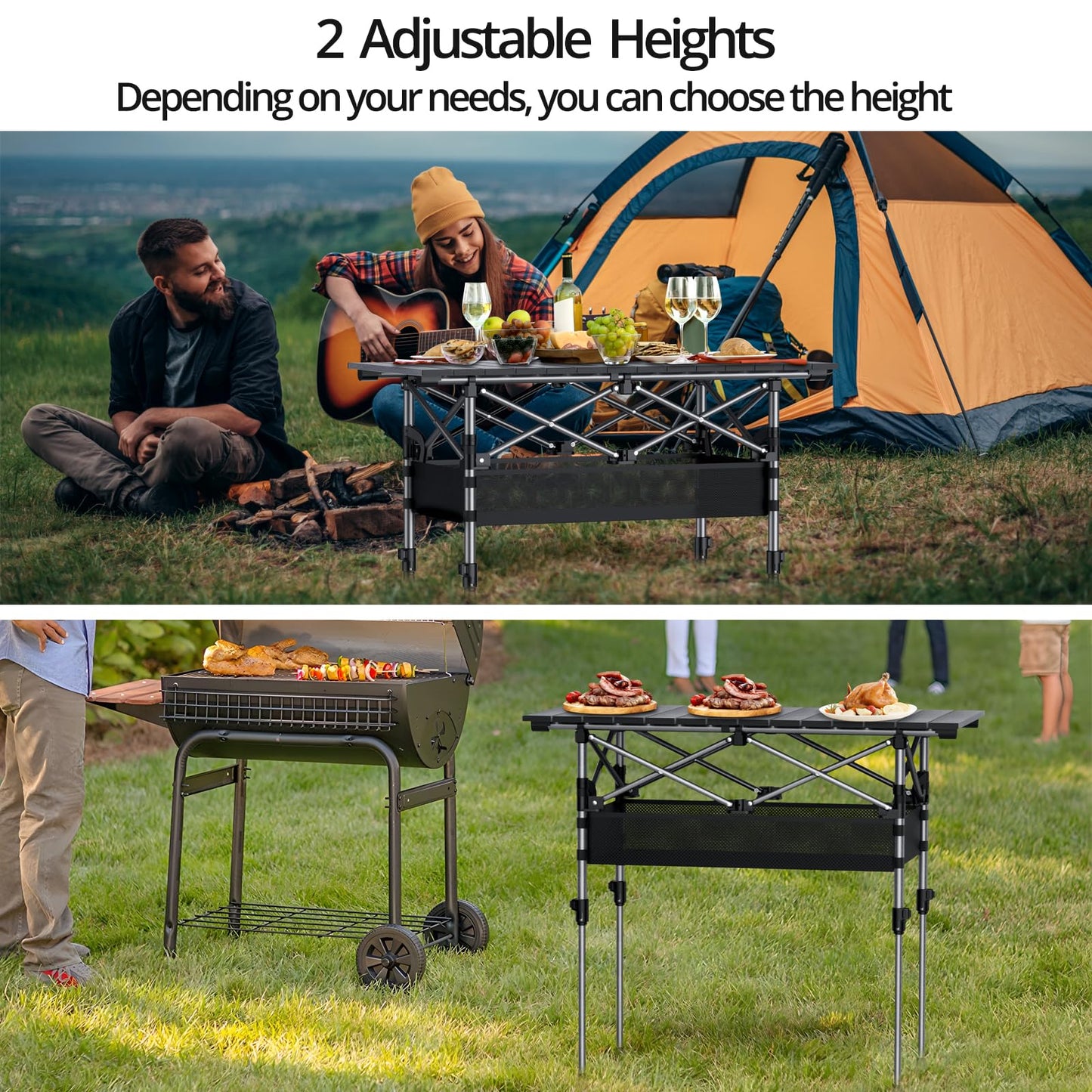 Anbte Folding Camping Table, Aluminum Roll Up Camping Table Adjustable Height with Storage Net and Bag, Lightweight Outdoor Table 32.2” X 16”, for Outdoor Travel BBQ Party Picnic, Black