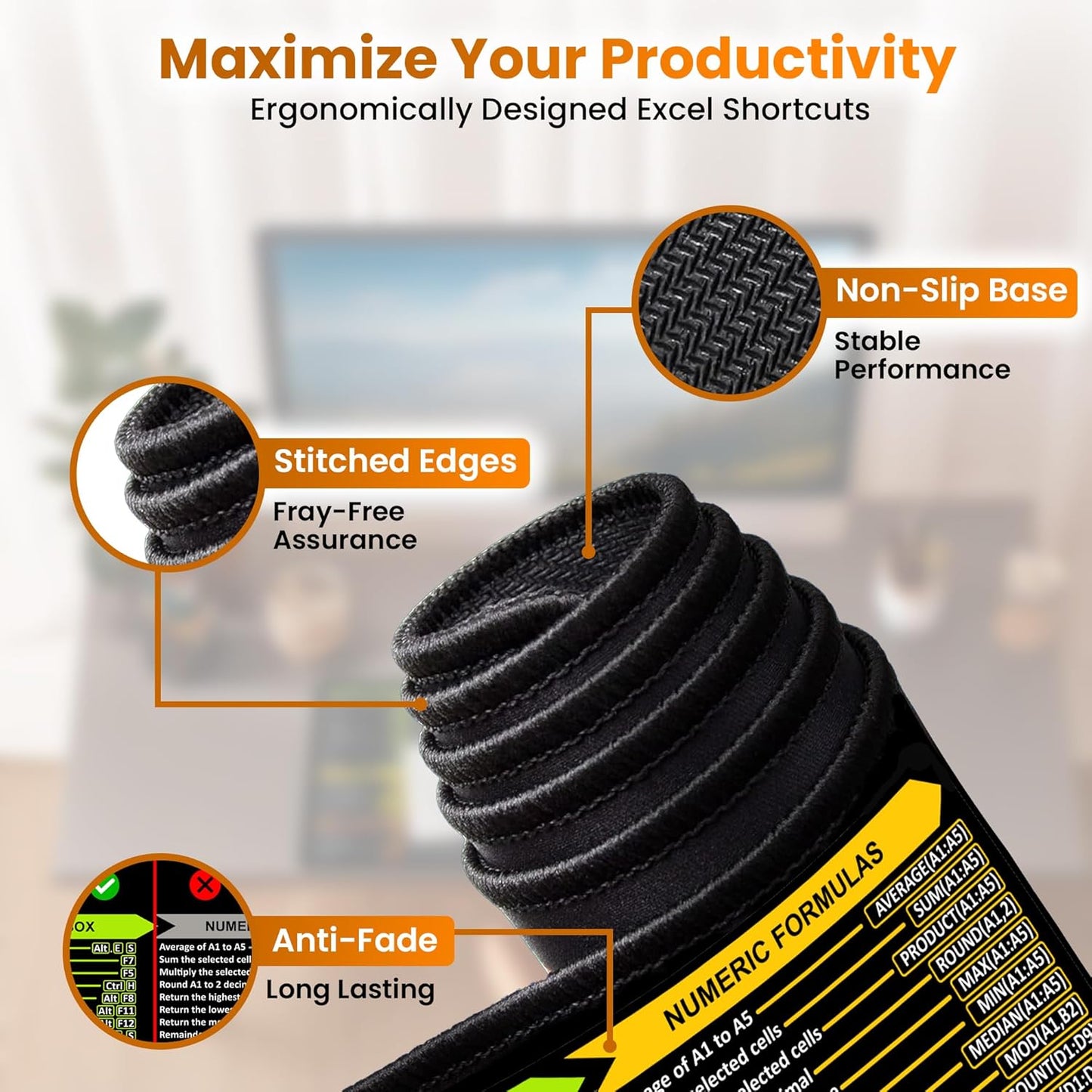 Excel Shortcuts Mouse Pad - Extended XL Office Keyboard Mat (31.5" x 11.8") Inch, Excel Mouse Pad Shortcuts, Stitched Edges | Non-Slip Base Excel Cheat Sheet Desk Pad