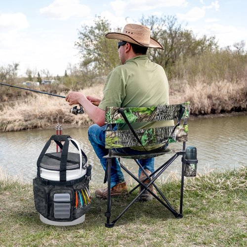 WTVIDAS Fishing Bucket Organizer with Top Cover, Ice Fishing Tackle Bag with Rod & Plier Holder, Multi-Pockets for 5 Gallon Bucket Fish Gear & Accessories