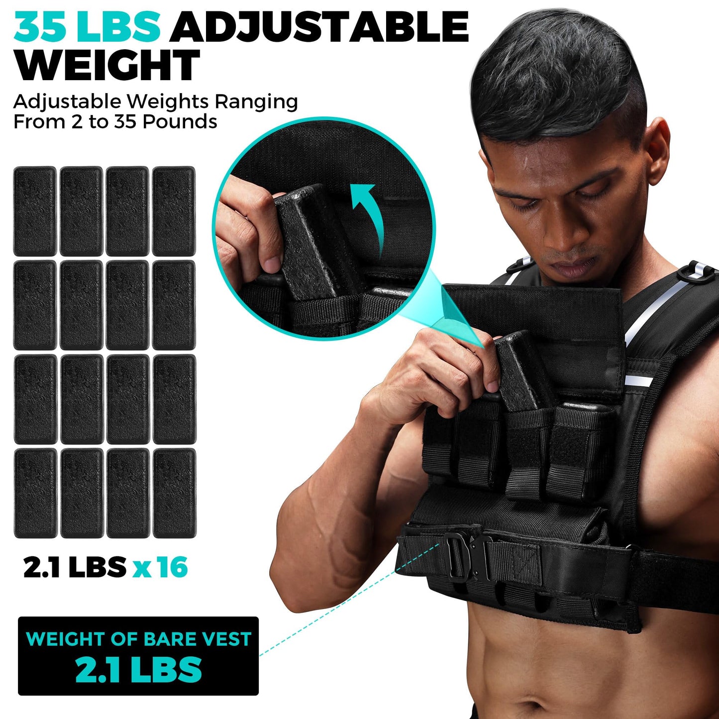 Adjustable Weighted Vest Men 2-35 LBS, Rucking Vests for Walking with Reflective Stripe, 1.2" Ultra Thick Shoulder Padding Strength Training Workout Vest for Running GYM Home, Detachable Iron Weights