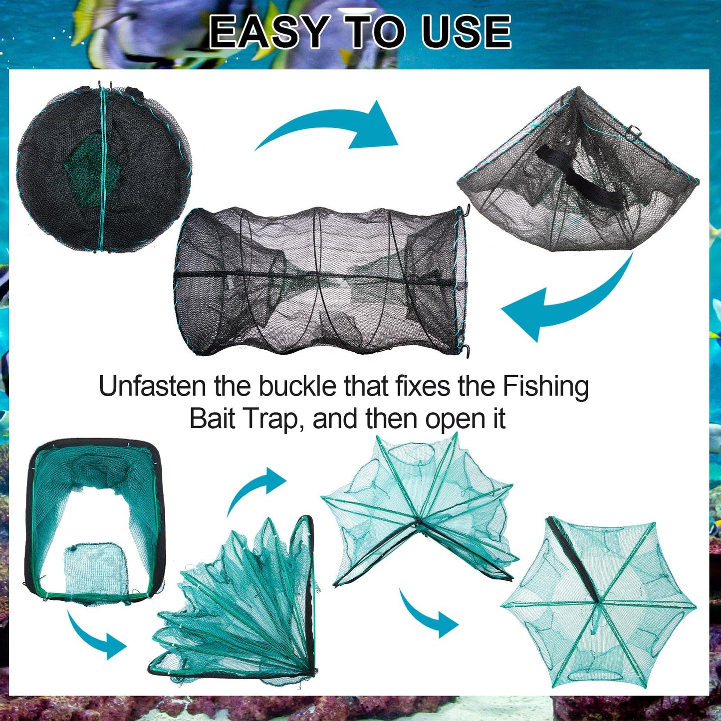 Woanger 3 Pcs Minnow Trap, Include 2 Fishing Bait Trap 1 Cylindrical Hexagon Crab Crawfish Trap, Lobster Shrimp Collapsible Cast Nets Portable Folded Fishing Accessories,12x21.65 Inches