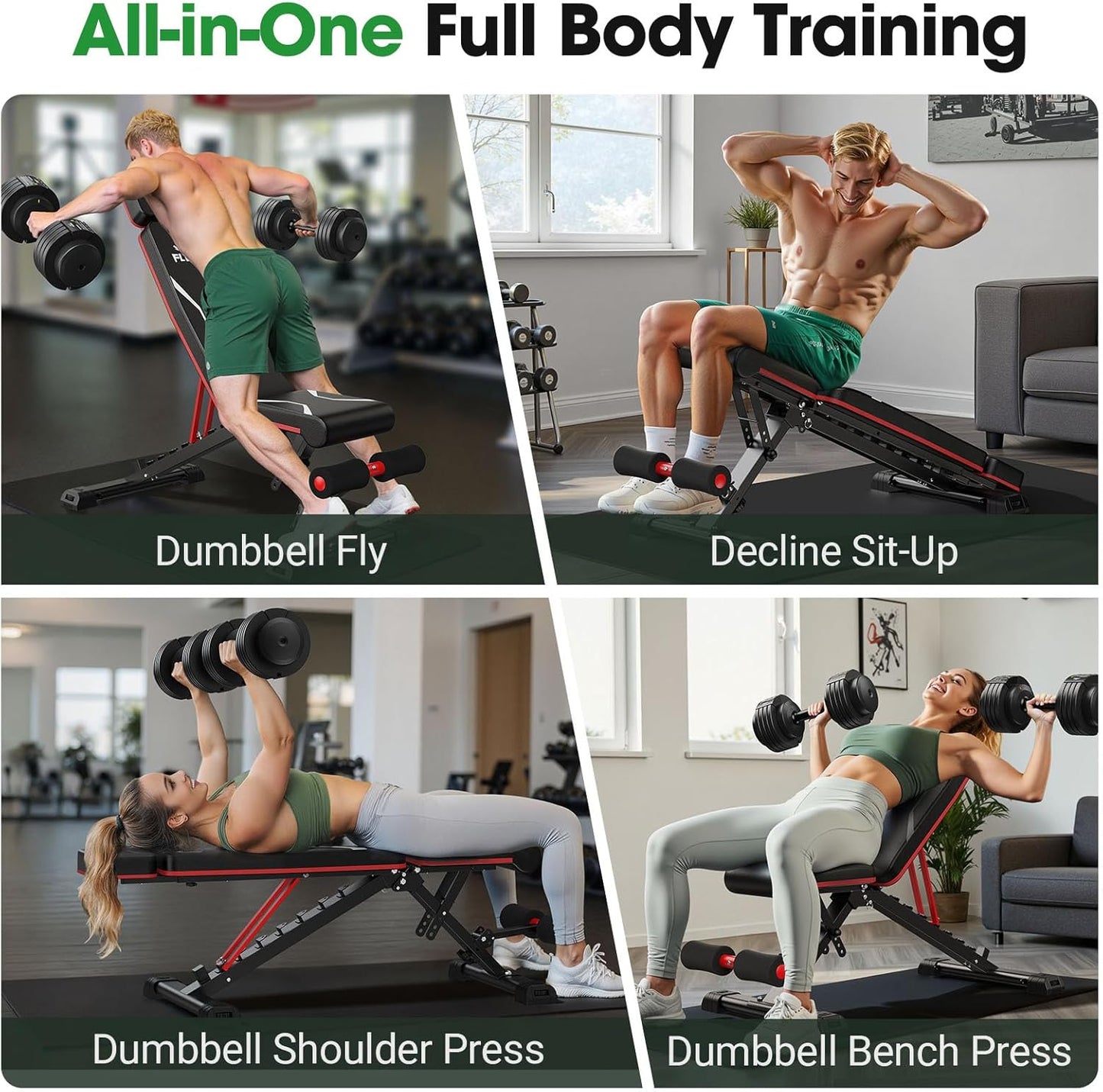 FLYBIRD Adjustable Weight Bench Fits up to 6'5'', 750LBS Capacity for Full Body Workout, 27LBS Sturdy Foldable Bench Press for Home Gym, 5X Stable Lifting Bench Incline Decline Flat Dumbbell Exercise