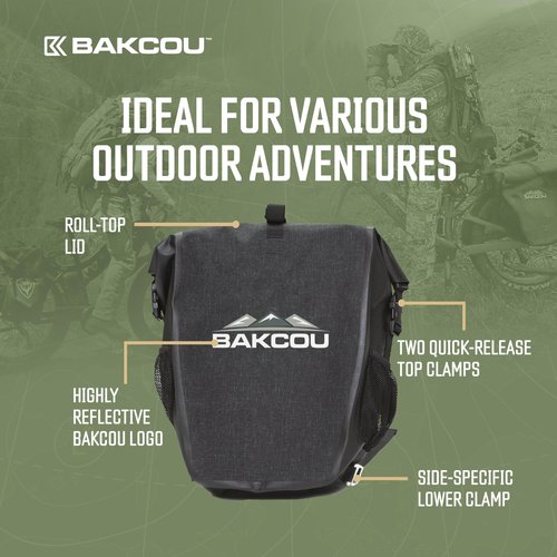 Bakcou - Pannier Bags - Set of 2 Waterproof, Lightweight, Sturdy, Anti-Puncture Canvas, Quick Release Clamps, Reflective Logo - 20L Capacity