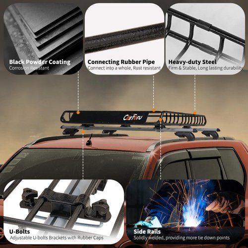 Carforu Roof Rack Basket 51″ X 36″ X 5″ Universal Rooftop Cargo Basket, 250LB Heavy Duty Cargo Basket Car Roof Basket for SUV, Truck, Cargo Net with Attachment Hooks, 2pcs Ratchet Straps