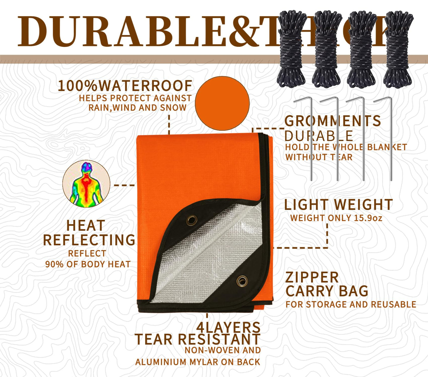 BESTHUNTINER Heavy Duty Survival Blanket -Multifunctional Reflective Tarp Thermal Blanket - 60" x 83" Waterproof Sandproof for Camping Hiking Outdoors Multifunctional Emergency Blanket