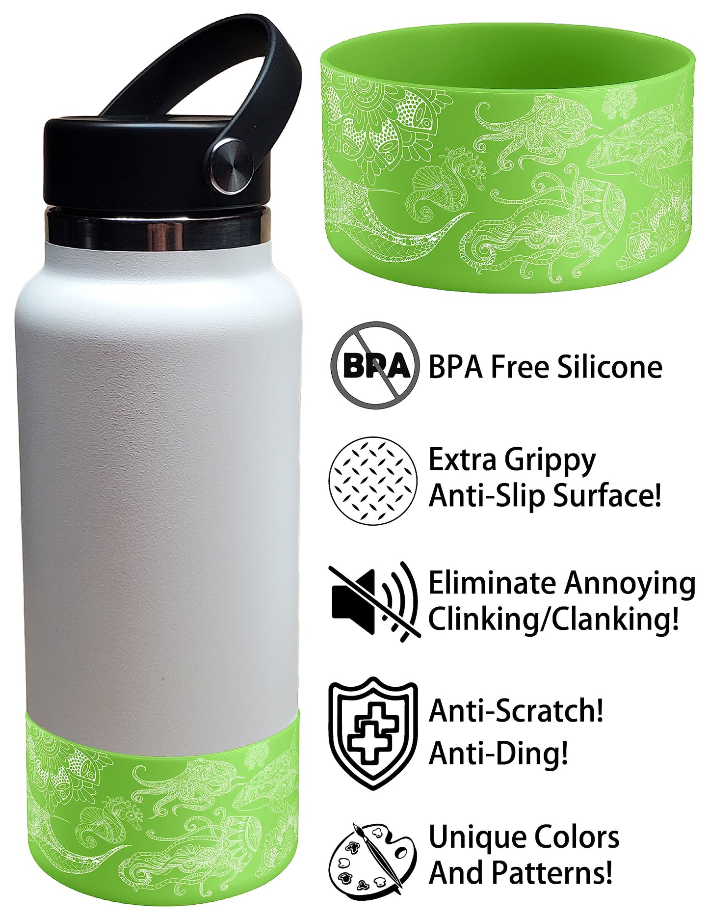 Hydro Heel Protective Silicone Bottom Sleeve, 12oz-40oz. Fits All Vacuum Insulated Stainless Steel Water Bottles, Anti-Slip, Anti-Scratch, Rubber Flex Skin Cover (12-24oz, Green Ocean Mandala)
