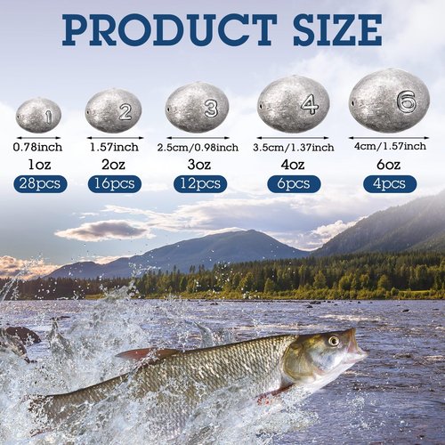 Vertintong 33 Pcs 1oz, 2oz, 3oz, 4oz, 6oz Egg Fishing Sinker Weights Kit Egg Weights Rig Drop Bass Casting Fishing Sinkers Saltwater Freshwater Gear Tackle