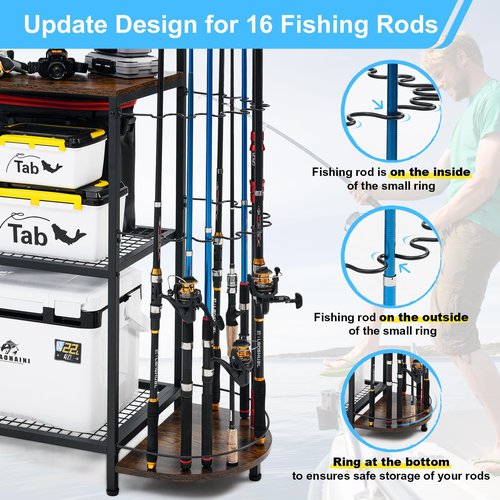 SINGBLA Fishing Rod Holders for Garage,Large Capacity Fishing Pole Holders for Garge, Holds 24 Fishing Rod Tackle Storage, Fishing Rod Tackle Fishing Gear and Equipment Organizer, Brown