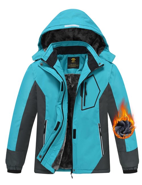 MoFiz Girls Ski Jacket Waterproof Fleece Lined Snowboard Jacket Warm Winter Jackets with Removable Hood Blue M