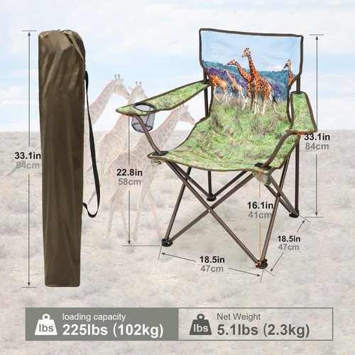 LANMOUNTAIN 2 Pcs Animal Pattern Camping Chair,Folding Backpacking Lightweight Beach Chair w/Cup Holder,Mesh Side Pocket,Carry Bag,Portable Lawn Chair for Adults Family Outdoor Parties,Hiking,Giraffes