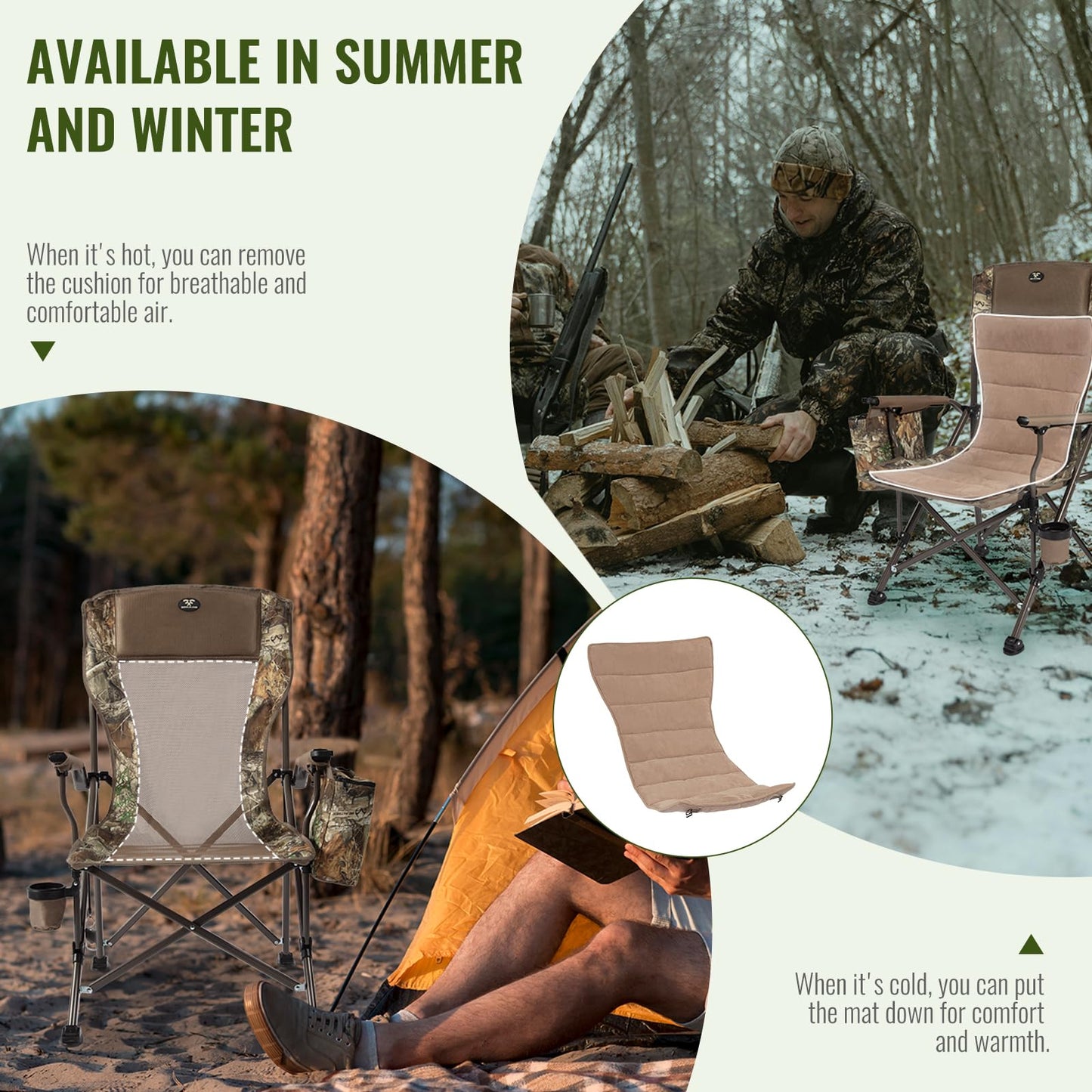 Jungleland Camping Chairs for Adults, 350lbs Support Lawn Chairs, Heavy Duty Portable Chair with Cup Holder & Cooler Bag, for Travel, RV Trip, Fishing, Hunting (Mesh Back&Cushion)