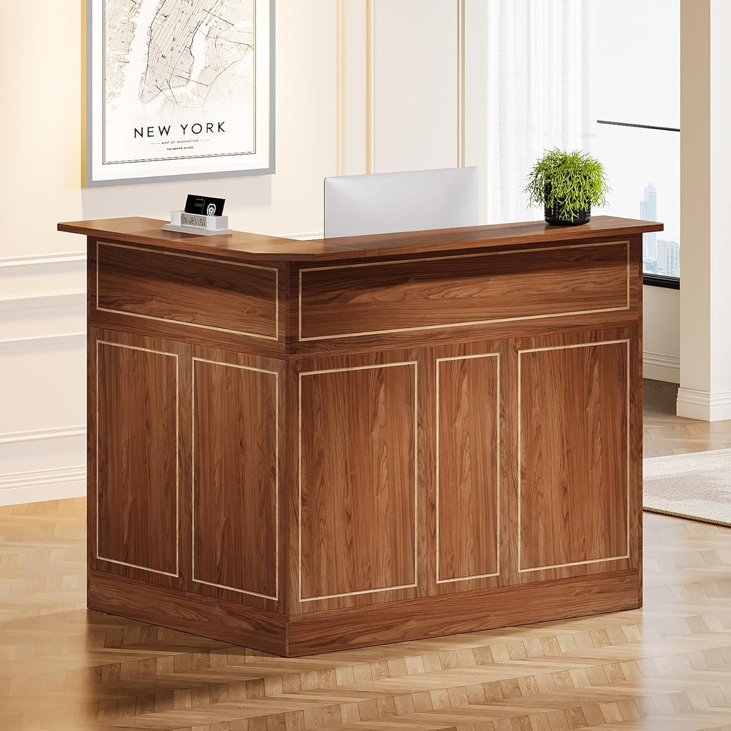 Tribesigns Reception Desk with Storage Shelves, L-Shaped Modern Front Desk, Reception Counter Table for Small Office, Salon, Checkout Office, Black