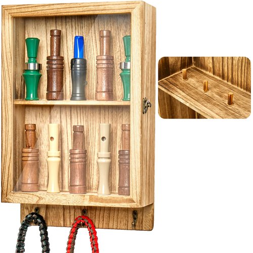 YDEPLVEO Duck Call and Lanyard Display Rack Holder, Wall Mount Wood Storage Case for 10 Calls and 3 Lanyards, Visible Whistle Stand Box for Home Hunting Decor