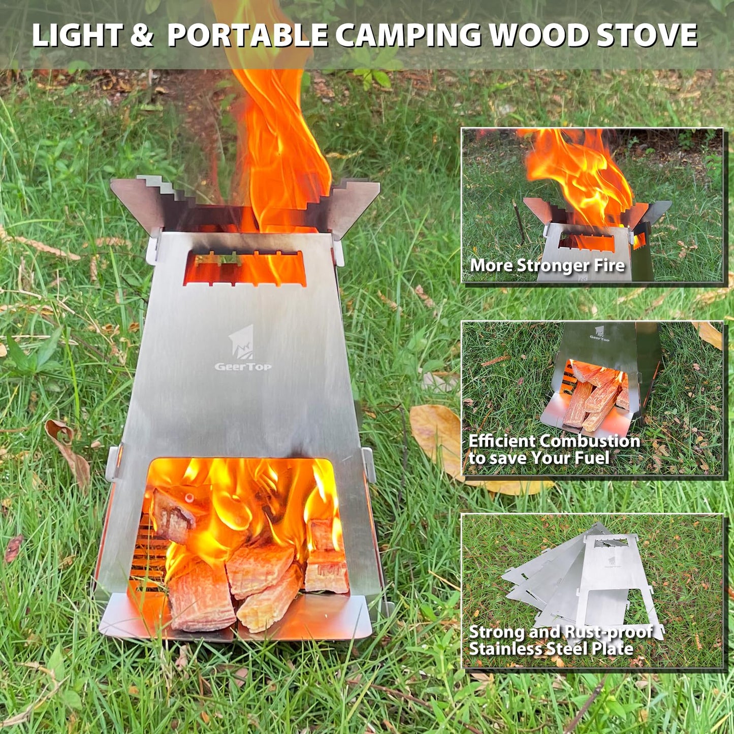 GEERTOP Portable Backpacking Stove Folding Wood Stove Camp Mini Stainless Steel Survival Stove for Camping Hiking Travelling