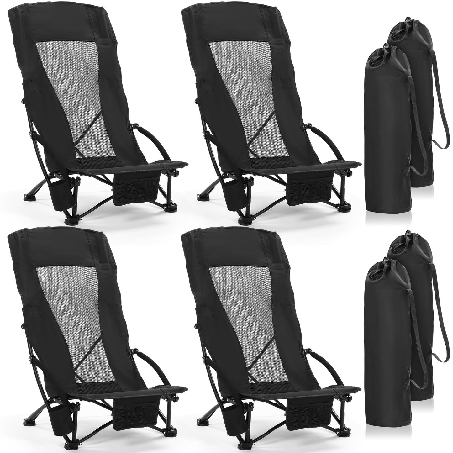 4 Pack Beach Chair for Adult High Back Low Beach Chair Bulk Portable Folding Camping Chairs Lightweight Sand Chairs with Cup Holder Carry Bag for Outdoor Camping Sand Concert