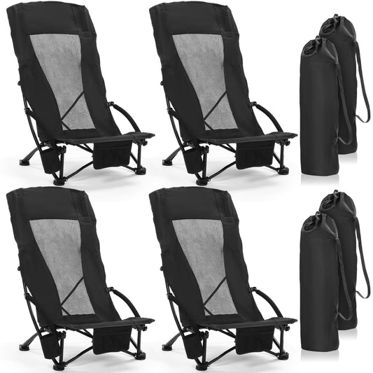4 Pack Beach Chair for Adult High Back Low Beach Chair Bulk Portable Folding Camping Chairs Lightweight Sand Chairs with Cup Holder Carry Bag for Outdoor Camping Sand Concert