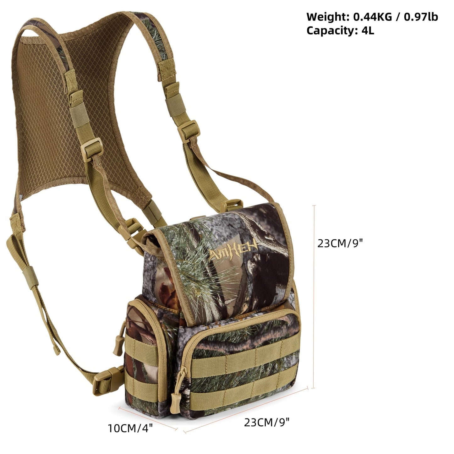 AMHEH Binocular Harness Bino Bag Hunting Chest Pack with Rangefinder Pouch | Magnetic Flap, Silent, Anti Glare, Birding, Hiking, Fits Up to 56 Inches Chests (Camo)