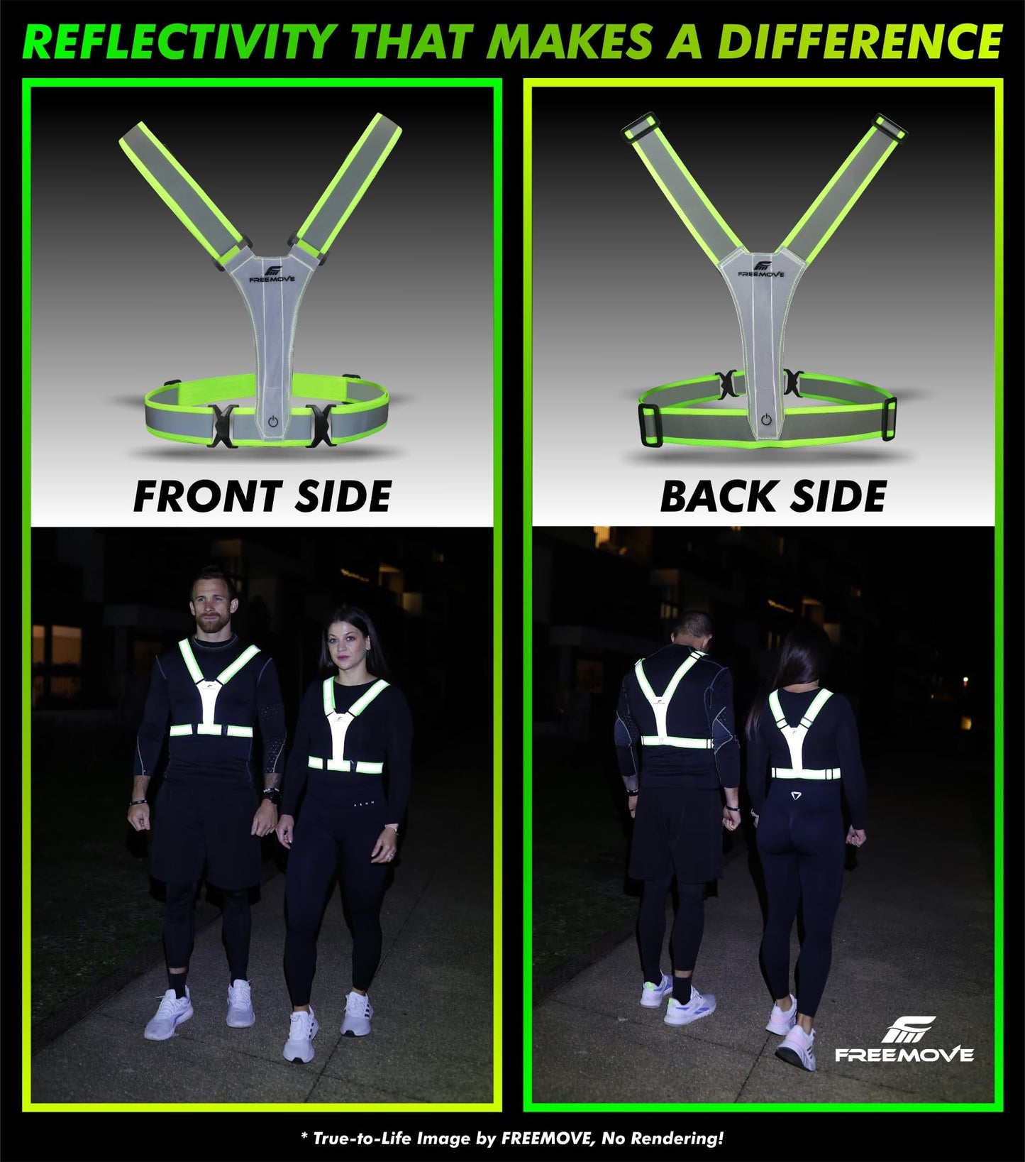 FREEMOVE LED Reflective Running Light-Up Vest, USB Rechargeable, Fully Adjustable, Highly Visible Running Reflective Safety Gear, for Night Running, Cycling, Biking, Walking for Men, Women and Kids