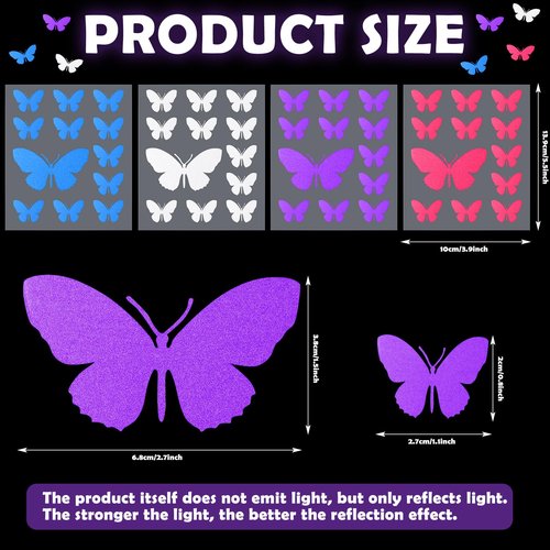 Motipuns Butterfly Reflective Decal, 12 Count Vinyl Sticker, Purple, Waterproof, Fade Resistant, for Window, Outdoor Use, Helmet, Car, Motorcycle