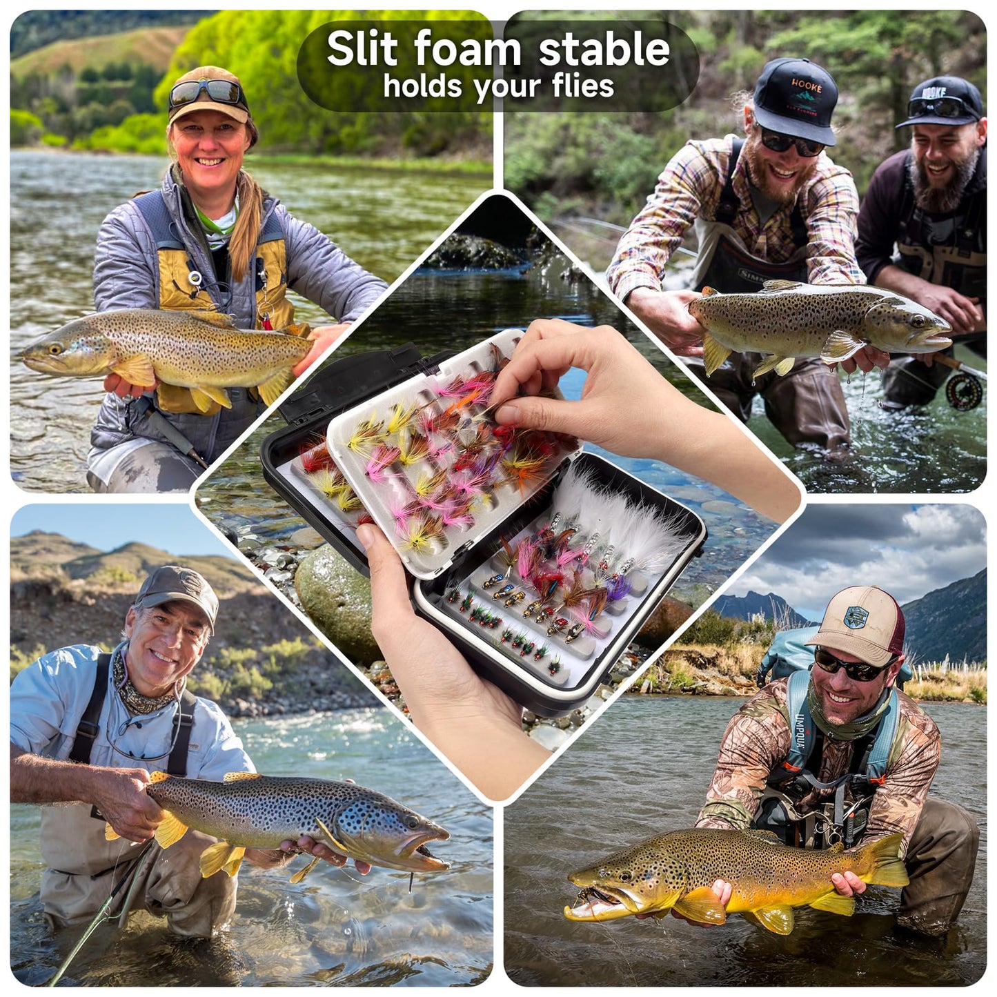 Fly Fishing Box Fly Boxes For Fly Fishing Trout Two-Sided Waterproof Lightweight Easy Grip Black Lid Fly Fishing Lures Box Foam Ice Jig Fly Box And Coil Springs Cord.