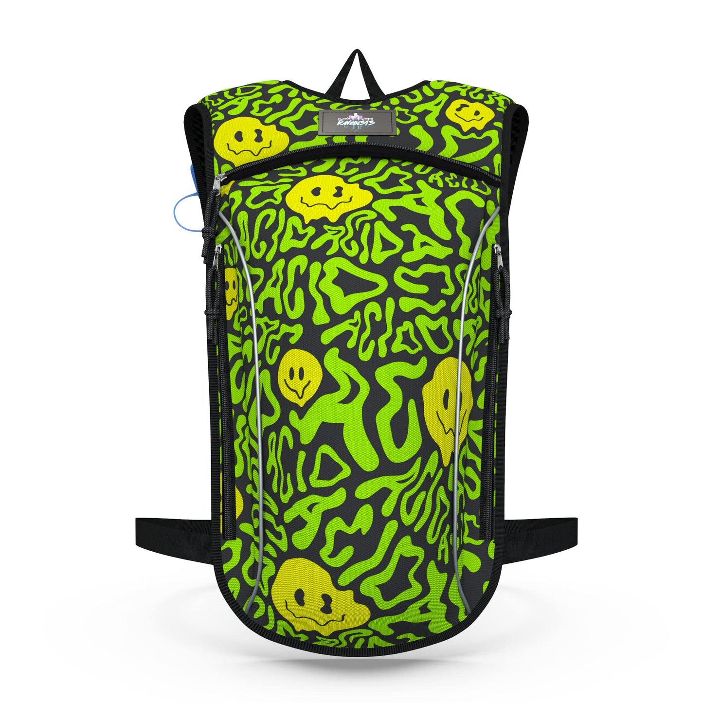 Light Weight Hydration Backpack - 2L Bladder Included - Great for Festivals, Backpacking, Hiking, Mountain Biking, Outdoors Activities. (Acid Bath)