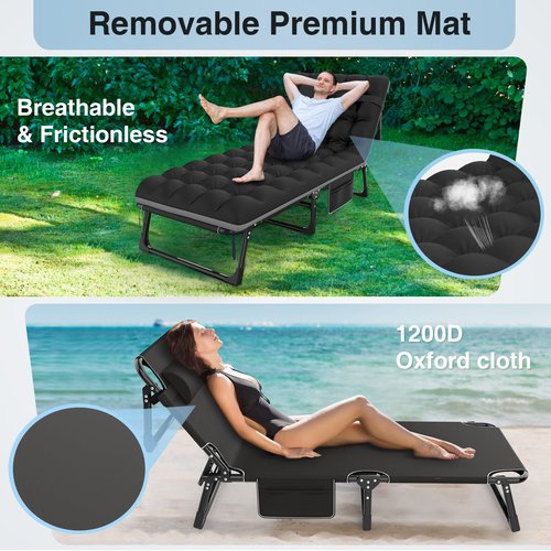 Suteck Camping Cot, 5+2 Positions Adjustable Reclining Folding Camping Cot Sleeping Bed Cots for Adults Outdoor Portable Chaise Lounge Chair W/Carry Bag Pillow Cushion for Home Nap Beach Travel