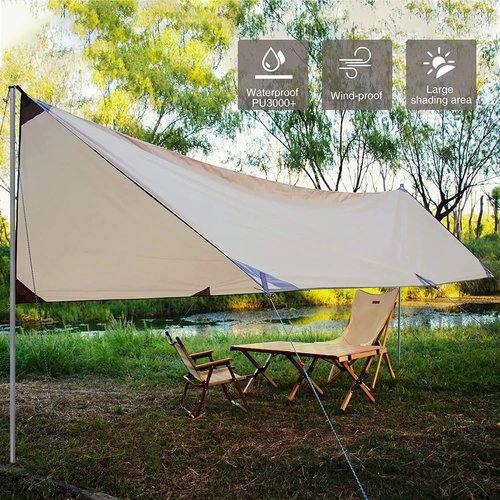 YUEWO 15×10FT 210D Oxford UPF50+ Shelter Camping Tarp with 2 * 7FT Poles, Waterproof & Lightweight Tent Tarp, Rain Fly Sun Shelter, Can Used with Car,Tent & Hammock for Picnic, Garden & Outdoor