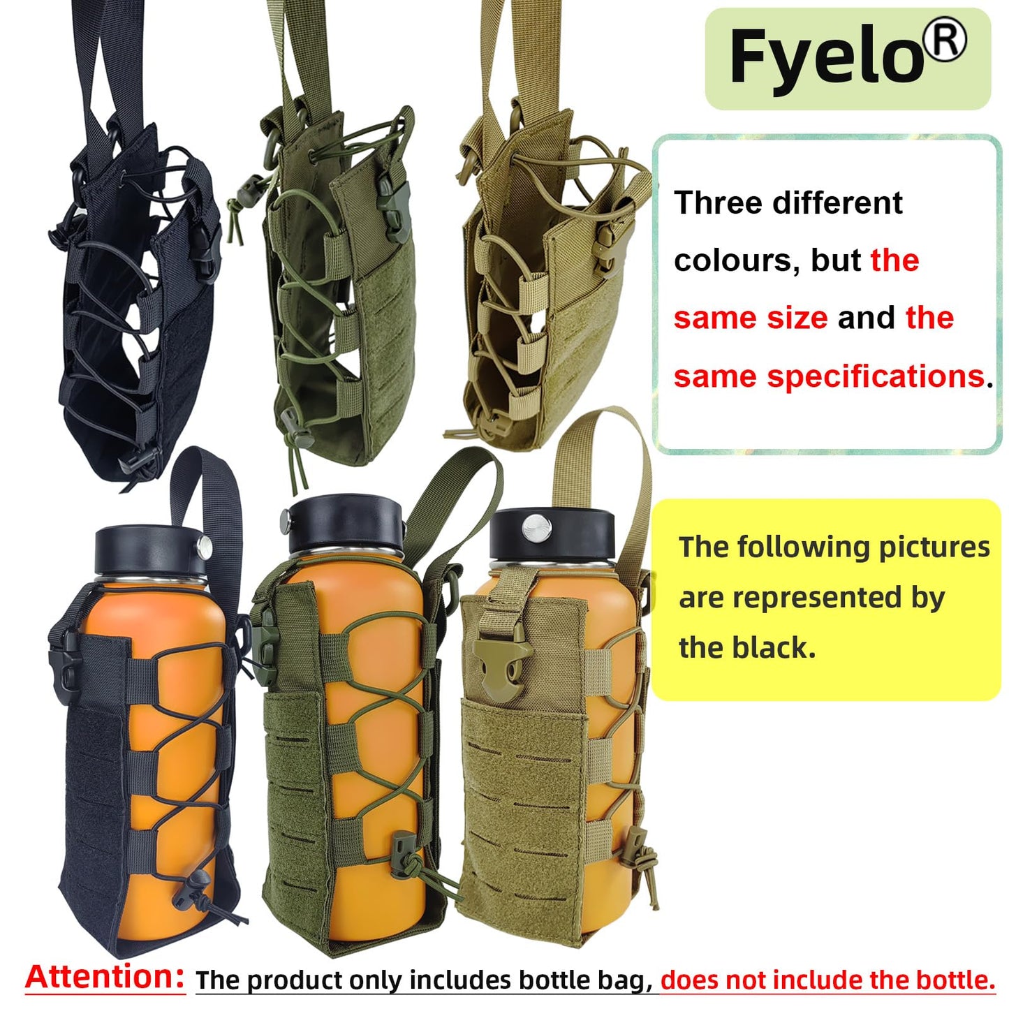 Fyelo Molle Water Bottle Holder Tactical Pouches 32 40 64 oz Multi Use for Outdoor Sports/Backpack/Vest/Belt/Bike, 3 Color (Black, Brown, Green)