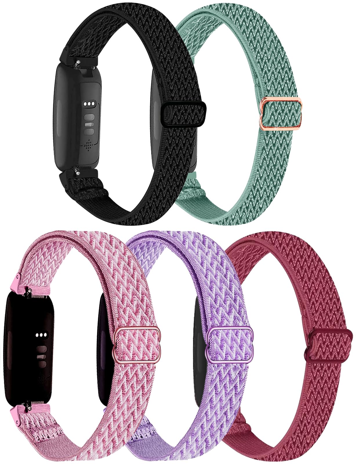 5-Pack Elastic Nylon Bands Compatible with Fitbit Inspire 3/Inspire 2/Inspire HR/Inspire, Breathable Adjustable Replacement Stretchy Nylon Loop Wristband Sport Strap for Women Men, 504