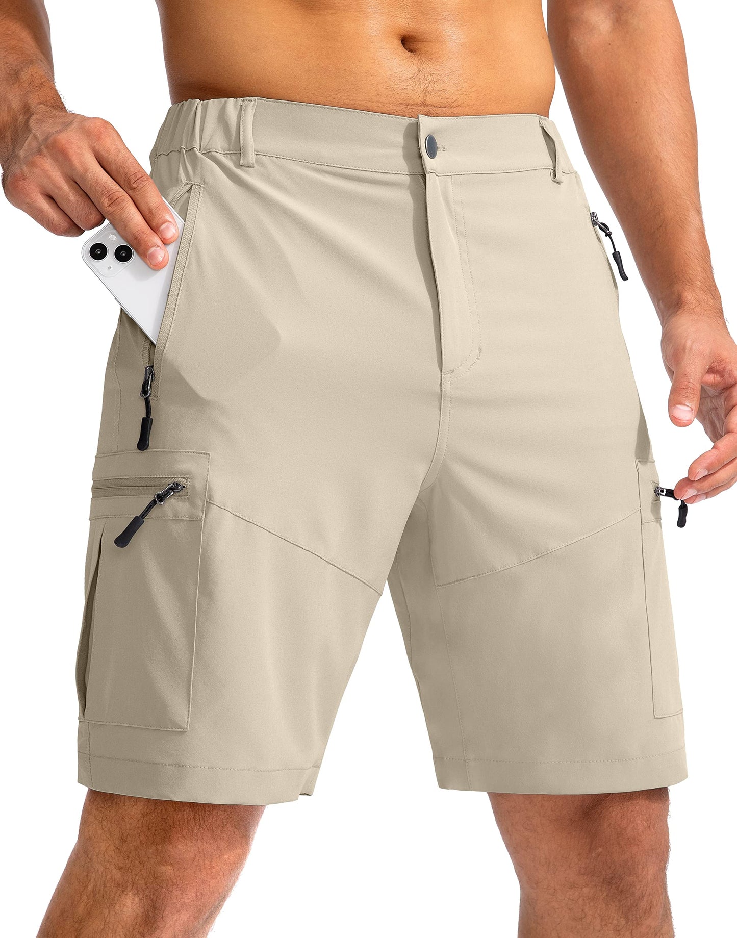 Pudolla Men's Hiking Cargo Shorts 9" Lightweight Outdoor Work Shorts for Men Travel Golf Camping Casual with 5 Zipper Pockets(Khaki Medium)