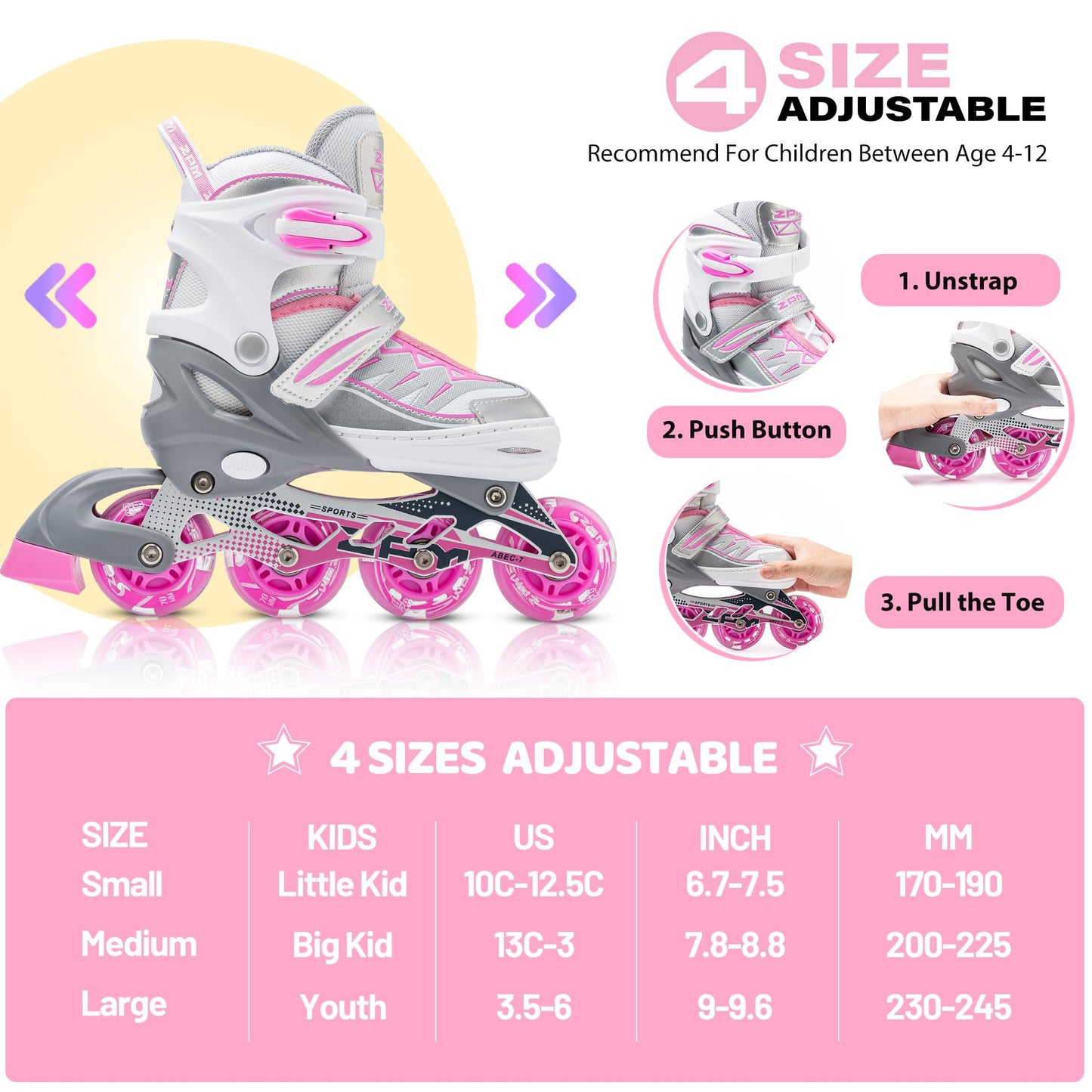 2PM SPORTS Cytia Pink Girls Adjustable Illuminating Inline Skates with Light up Wheels, Fun Flashing Beginner Roller Skates for Kids (Silver, Small - Little Kids (10C-12.5C US))