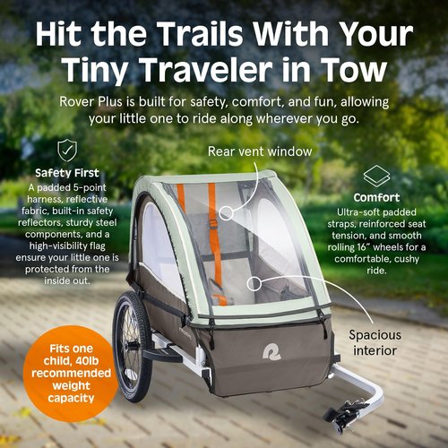 Retrospec Rover Plus Bike Trailer for Kids - Foldable Single/Double Passenger Design with 5-Point Safety Harness, Weather-Resistant Fabric & Safety Flag - 40-80 lbs
