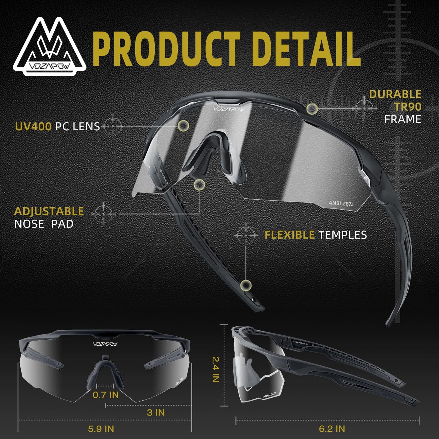 VOZAPOW Shooting Glasses Anti Fog with High Definition Lenses, ANSI Z87+ Certified Tactical Safety Glasses for Men Women