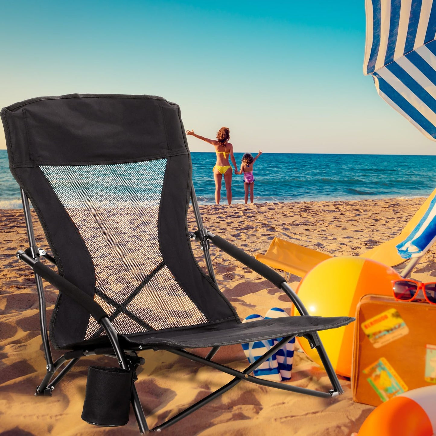 FillTouch 6 Packs Low Beach Chairs Portable Folding Low Back Camping Chair for Adults with Cup Holder Carry Bag Lightweight for Outdoor Sand Lawn Travel Concert (Black)