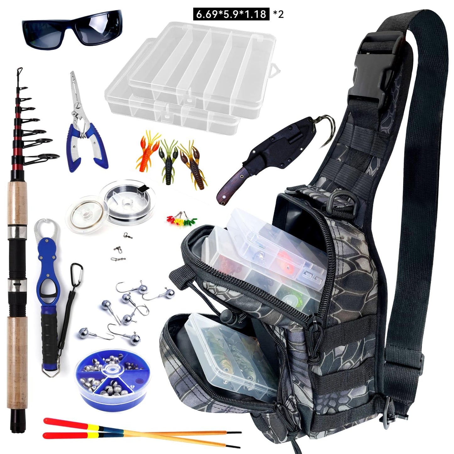 Fishing Backpack Outdoor Tackle Backpacks Small Sling Backpack with Rod Gear Holders for Fish Hunting and Traveling (A: Camouflage Black)