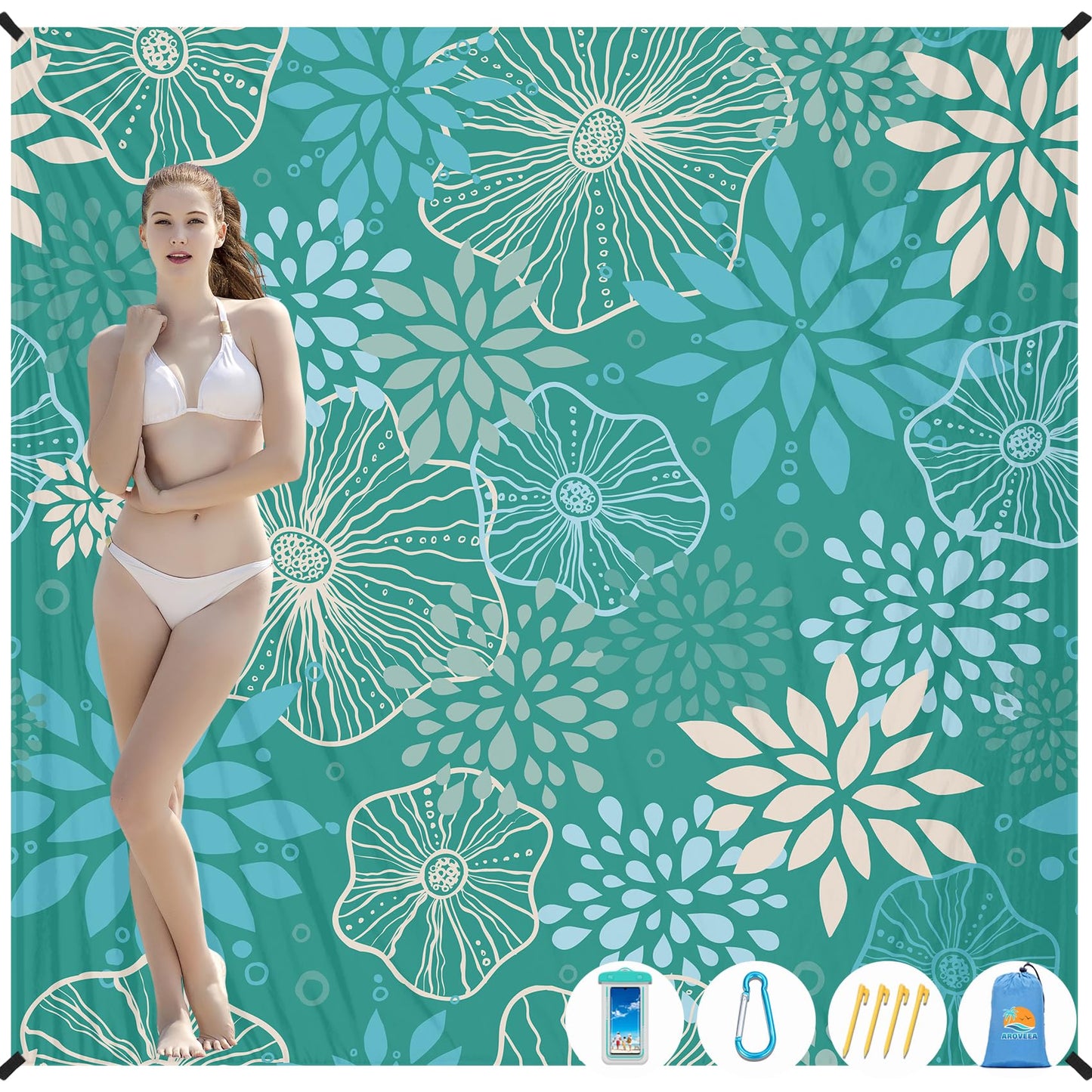 Aroveea Beach Blanket Waterproof Sandproof 1-7 Adult Oversized 78 '' × 81 '' Lightweight Durable Compact Sand Free Beach Mat for Travel Camping Hiking Picnic Blanket Extra Large