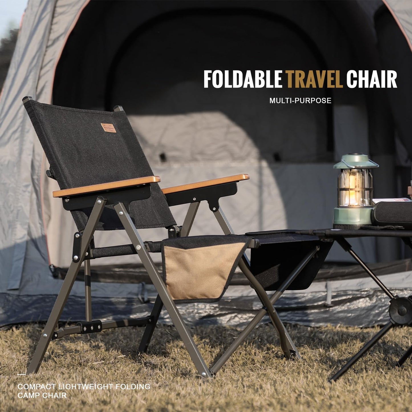 FEIWOOD GEAR Folding Camping Chair, Lightweight Portable Chair Wood Armrest with Side Pockets, Cup Holder for Camping, Picnic, Concert, Beach, Fishing, Outdoor