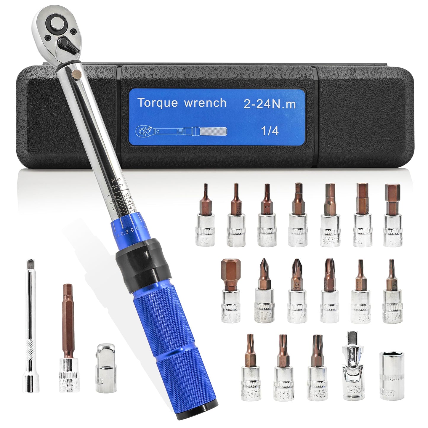 Fisope 1/4-Inch Drive Click Torque Wrench, 22pcs Bike Torque Wrench Set 2-24Nm, Dual-Direction Adjustable 72 Tooth Click Torque Wrench Set for Bicycle Maintenance
