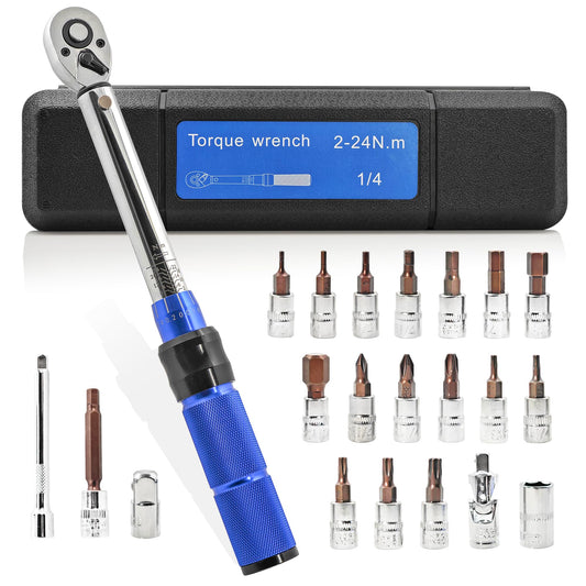 Fisope 1/4-Inch Drive Click Torque Wrench, 22pcs Bike Torque Wrench Set 2-24Nm, Dual-Direction Adjustable 72 Tooth Click Torque Wrench Set for Bicycle Maintenance
