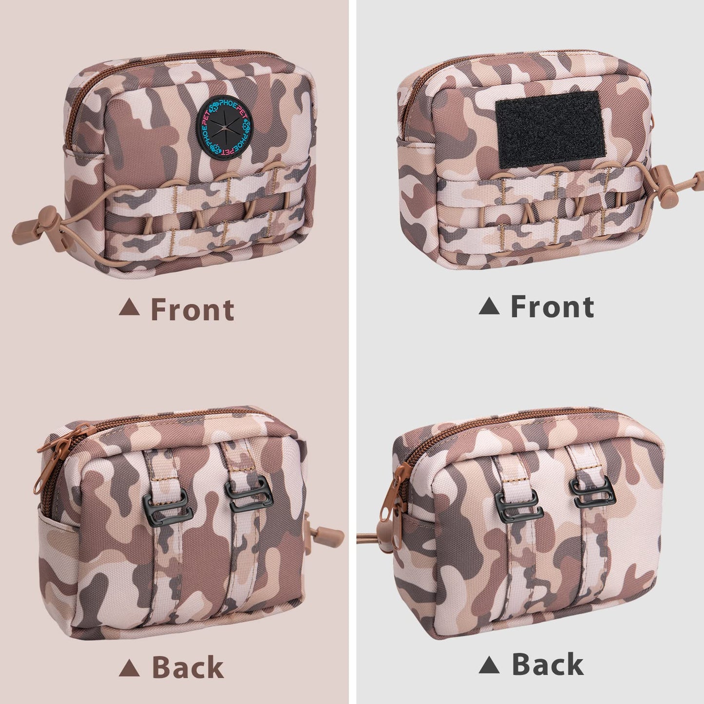 PHOEPET 2 PCS Bags Pouches for Tactical Dog Harness, Safety Side Pockets with a Poop Bag Holder and a Panel for Patch(Woodland Brown,#2)