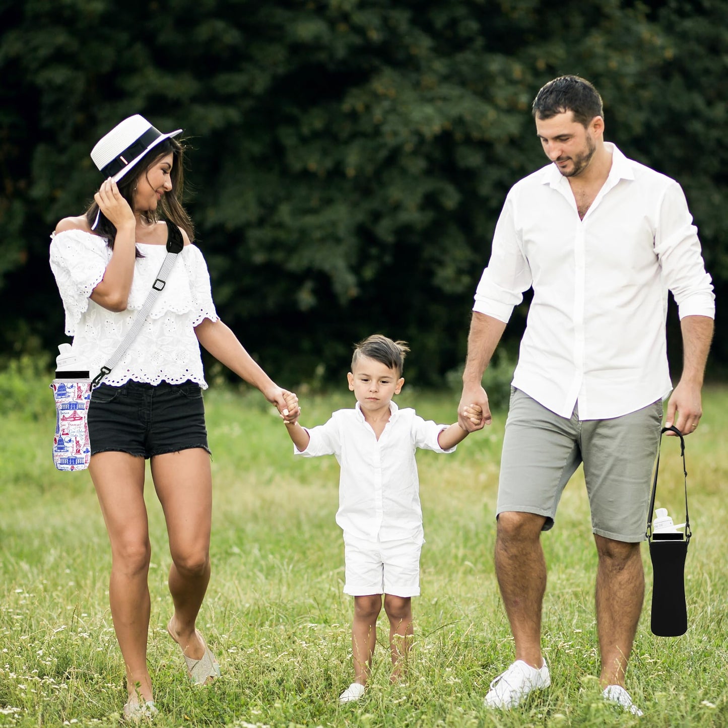 ARefugen 2Pcs Sleeve Fit for 22 oz Cirkul Water Bottle - Neoprene Insulated Sleeve for Plastic Glass Stainless Steel Bottle, Water Bottle Cover Holder Carrier with Shoulder Strap (Patriotic & Black)