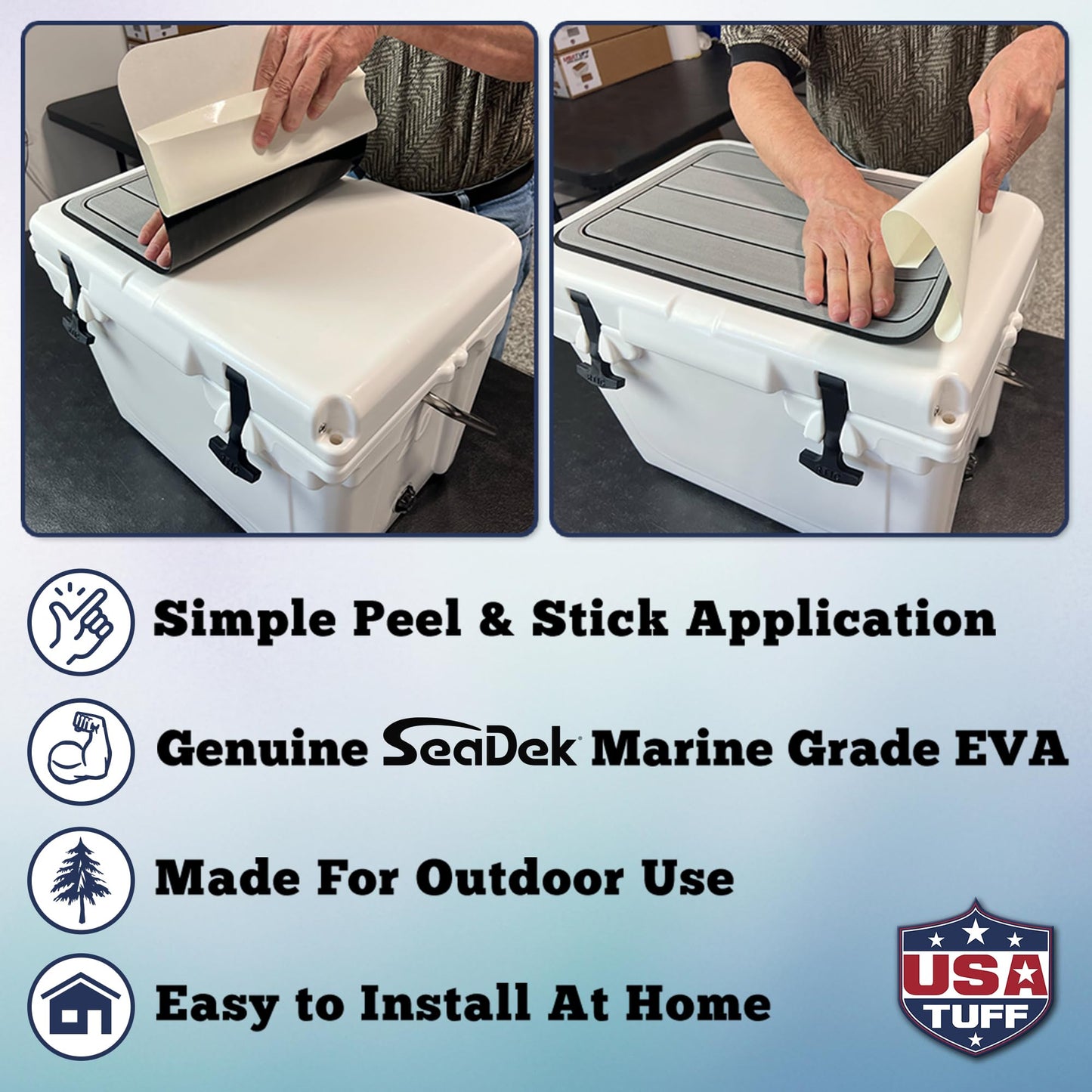 USATuff SeaDek EVA Mat Cooler Pad fits YETI 15 Roadie New | Peel & Stick Application | Non Slip Comfort Accessories - US Flag Design (Black-StormGray)
