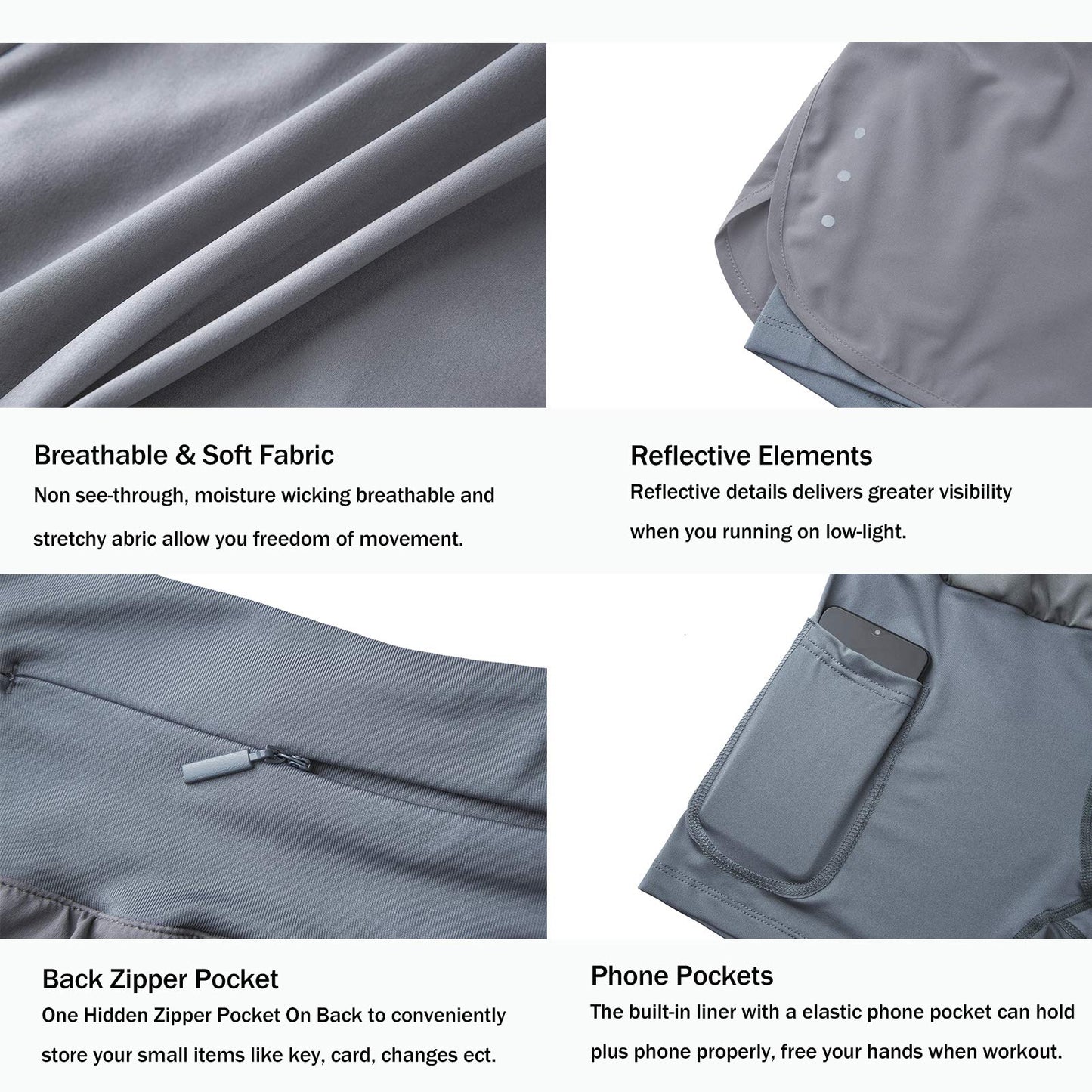 Ksmien Women's 2 in 1 Running Shorts - Lightweight Athletic Workout Gym Yoga Shorts Liner with Phone Pockets