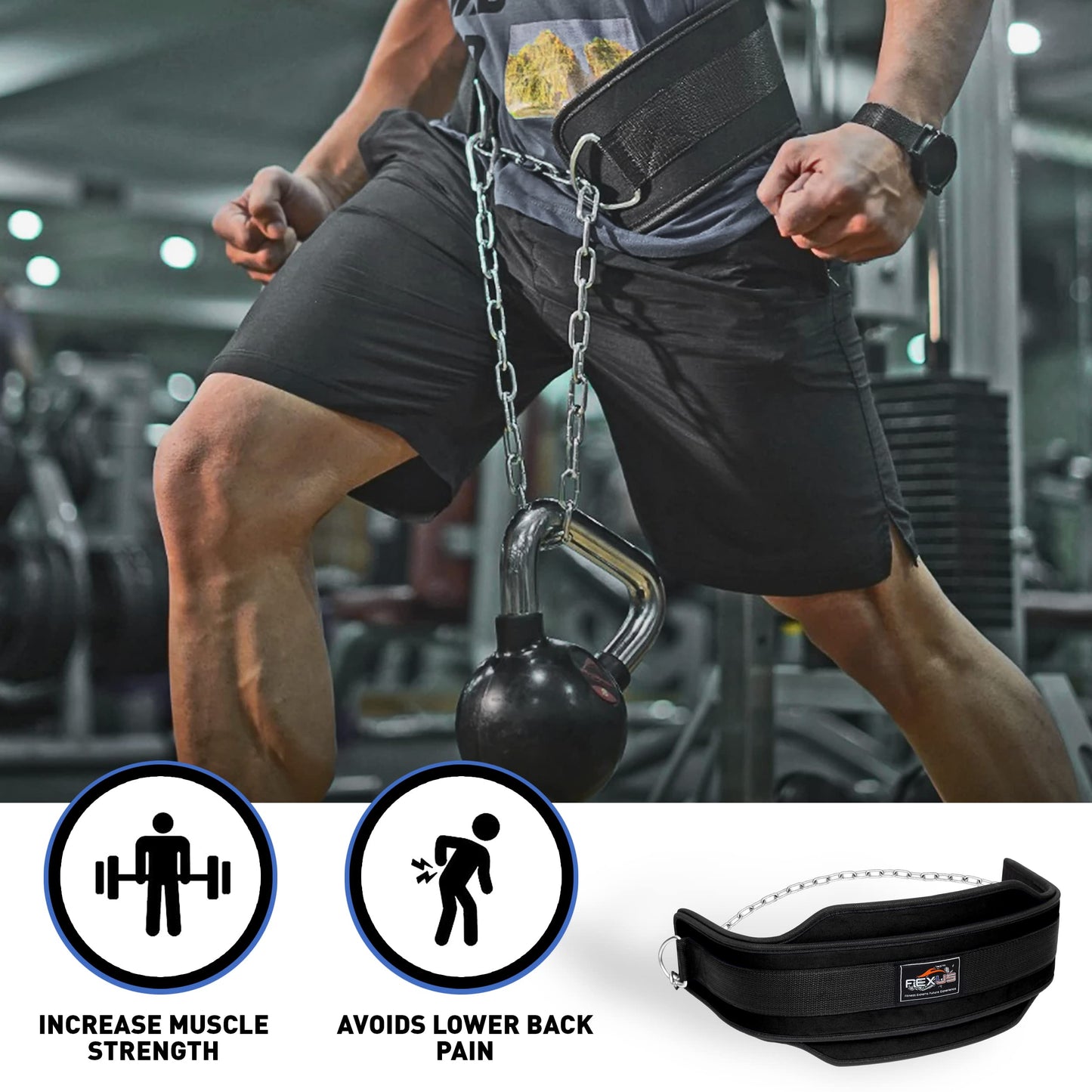 Fexus Dip Belt forWeightlifting, Gym Weight Belt for Men Women- Professional Dip Squat Bodybuilding Heavy Duty Steel Chain Workout Belt with Convenient Neoprene Support (Black)